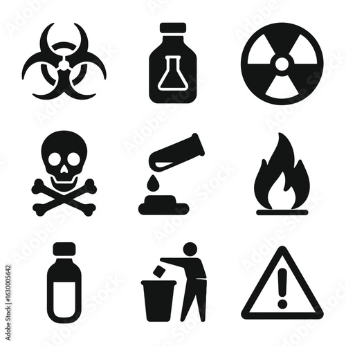 Hazardous Material Icons. Solid, filled icon set of hazardous material handling: biohazard symbol, chemical bottle, radioactive