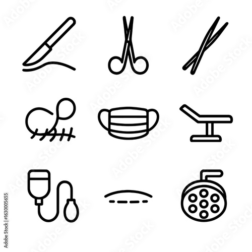 Surgical Icon Set. Outline icon set of surgical cuts and medical tools: scalpel, surgical scissors, forceps, sutures, surgical