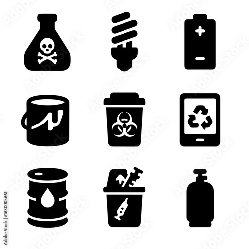 Hazardous Waste Icons. Solid, filled icon set of hazardous and special waste recycling: chemical bottle, fluorescent lamp, battery