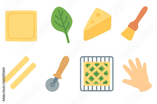 Puff Pastry Ingredients. Flat vector mini-illustrations puff pastry vegetable pie in colors children's illustrations: puff square,