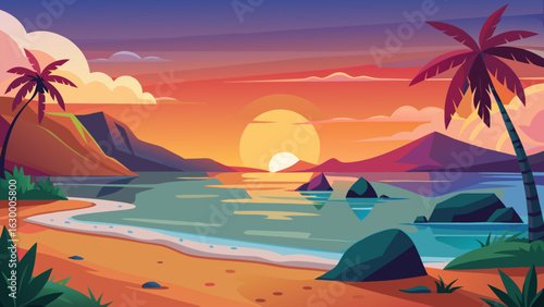 Vector art of idyllic tropical beach at sunset with vibrant orange and purple hues reflecting on the calm ocean, featuring palm trees and mountains