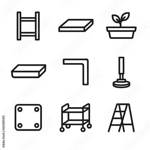 Rack and Shelving Icons. Outline icon set of structural rack and shelving modules: vertical rack frame, adjustable shelf, plant