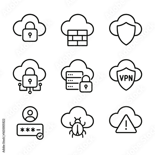 Cloud Security Icons. Outline icon set of cloud security: cloud lock, firewall, shield, data encryption,