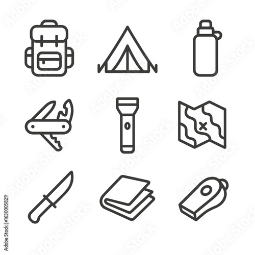 Survival Gear Icons. Outline icon set of survival gear: backpack, tent, water bottle, multitool, flashlight, map, survival knife,