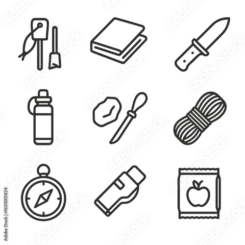 Survival Kit Icons. Outline icon set of survival pack: fire striker, emergency blanket, knife, water purifier, flint, paracord,