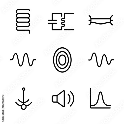 Energy Resonance Icons. Outline icon set of energy resonance: electric coil, oscillating circuit, vibrating membrane, sonic wave,