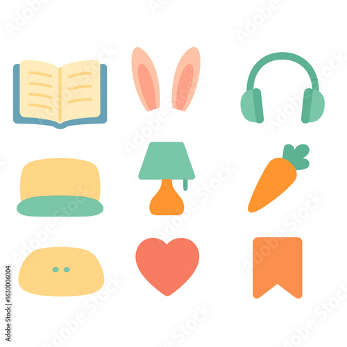 Reading Bunny Icons. Flat vector mini-illustrations reading a story with a bunny in colors children's illustrations: open book,