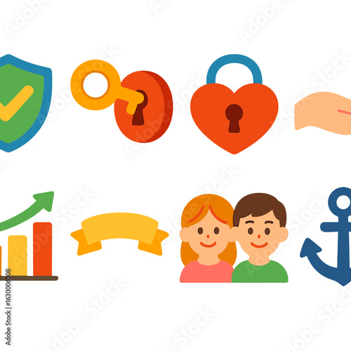 Rebuilding Trust Icons. Flat vector mini-illustrations rebuilding trust and reassurance in colors children's illustrations: safety