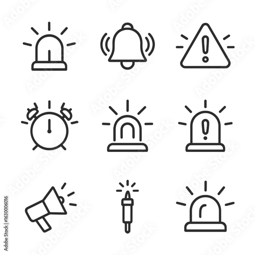 Beacon Alert Icons. Outline icon set of beacon alert types: flashing light, siren, alarm, SOS signal, blinking beacon, warning