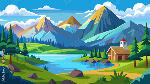 Vector art of picturesque mountain landscape with a clear blue lake, lush green valley, pine trees, and a cozy cabin under a bright sunny sky