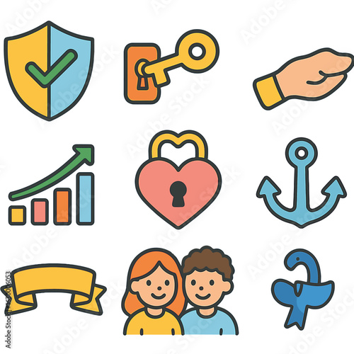 Rebuilding Trust Icons. Flat vector mini-illustrations rebuilding trust and reassurance in colors children's illustrations: safety