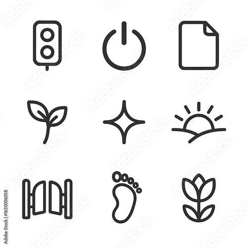 Symbolic Icon Set. Outline icon set of initiation symbols: green light, power on button, new page, plant sprout, spark, sunrise