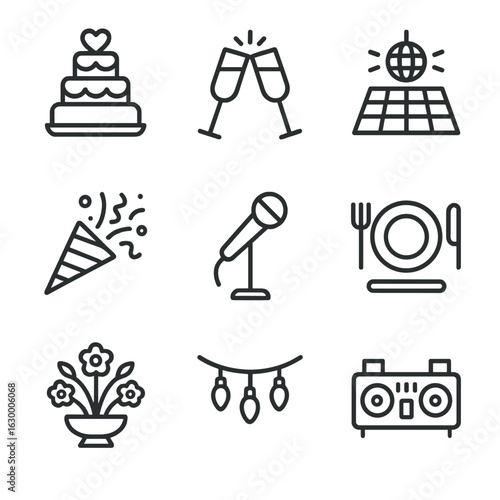 Reception Icon Set. Outline icon set of reception and celebration scenes: wedding cake, champagne glasses, dance floor, DJ booth,