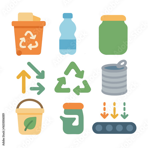Recycling Icons for Kids. Flat vector mini-illustrations recycling and sorting in colors children's illustrations: paper bin,