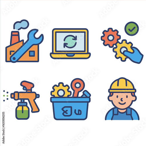 Refurbishment Hub Icons. Flat vector mini-illustrations remanufacturing and refurbishment hubs in colors children's illustrations: