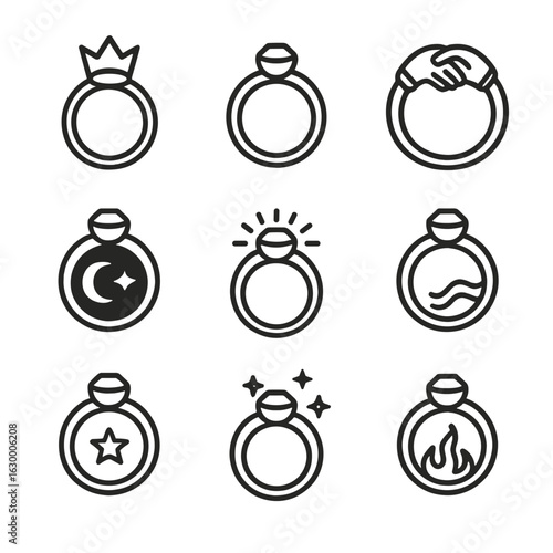 Symbolic Ring Icons. Outline icon set of ring symbolism: power, eternity, unity, darkness, light, destiny, fate, magic, corruption