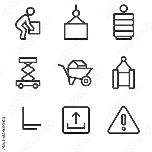 Heavy Lifting Icons. Outline icon set of heavy lifting: human lifting box, overhead crane, weight stack, industrial lift, loaded