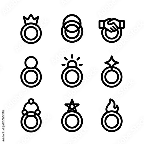 Symbolic Ring Icons. Outline icon set of ring symbolism: power, eternity, unity, darkness, light, destiny, fate, magic, corruption