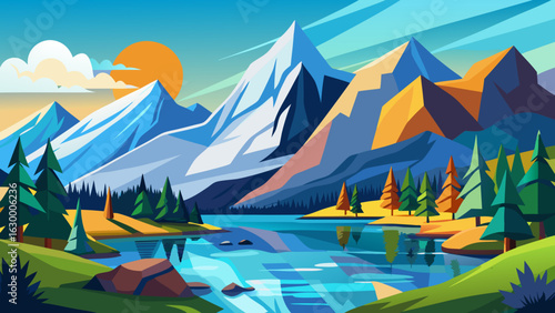 Vector art of majestic snowcapped mountain range reflected in a clear blue lake surrounded by pine trees and green hills during a sunny day