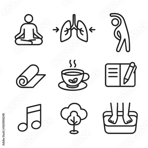 Relaxation Icons Set. Outline icon set of relaxation and wind-down practices: meditation pose, breathing lungs with arrows, gentle