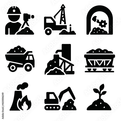 Coal Mining Icon Set. Solid, filled icons set of coal mining stages: exploration, drilling, extraction,