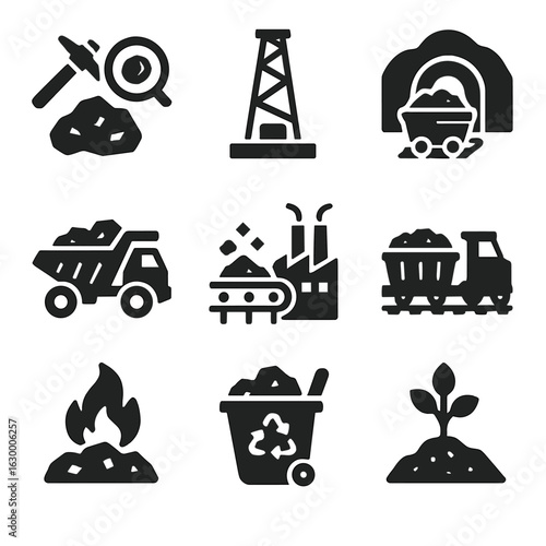 Coal Mining Icon Set. Solid, filled icons set of coal mining stages: exploration, drilling, extraction,