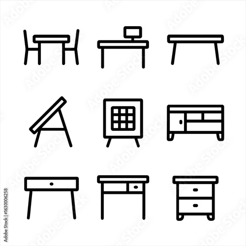 Table Icon Set. Outline icon set of table uses: dining table, work table, coffee table, drafting table, game table, buffet table,