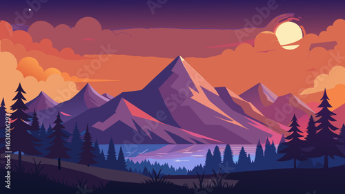 Vector art of majestic mountain range at dusk with a glowing moon, dramatic clouds, and a serene lake reflecting the vibrant colors of the sky