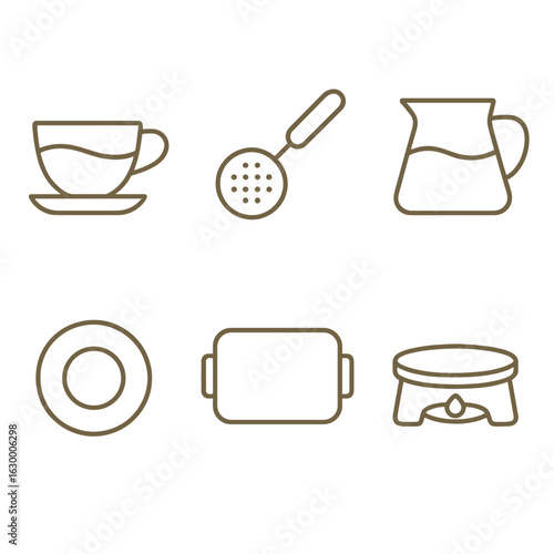 Tea Set Icons. glass teacup, tea strainer, tea carafe, teacup saucer, tea tray, tea warmer. Line icons in