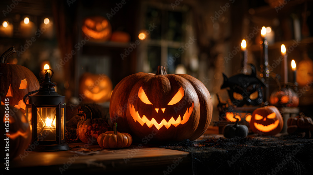 Fototapeta premium Spooky Halloween Pumpkin Lanterns with Carved Smiling Faces and Festive Decorations in Cozy Setting