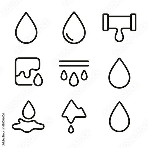 Environmental Drip Icons. Outline icon set of environmental drips: raindrop, dew drop, leaking pipe, melting ice drip,