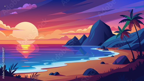 Vector art of vibrant tropical sunset over a calm ocean with a sandy beach and palm trees, casting colorful reflections on the water
