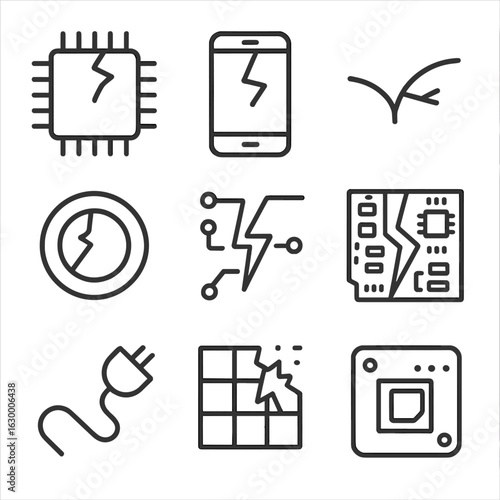 Tech Fragments Icons. Outline icon set of technological fragments: broken chip, cracked screen, split wire, shattered lens,