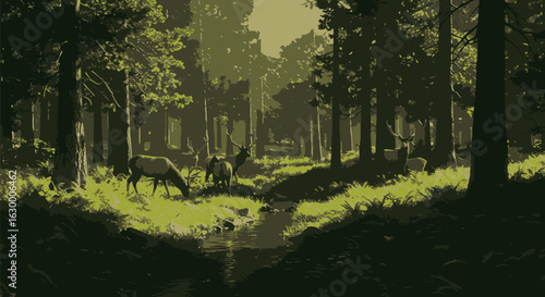 Peaceful forest scene with grazing deer in dappled sunlight.