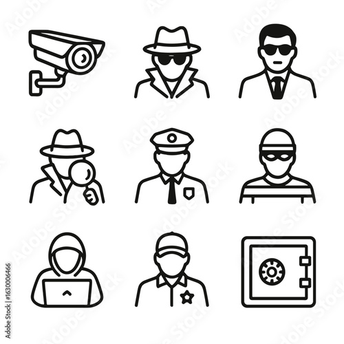 Hidden Camera Icons. Outline icon set of hidden camera security contexts: spy, private investigator, secret agent, security guard,