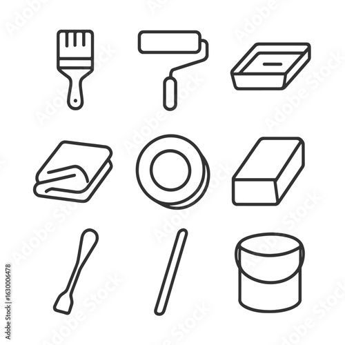 Repainting Tools Icons. Outline icon set of repainting tools and materials: paintbrush, paint roller, paint tray, drop cloth,