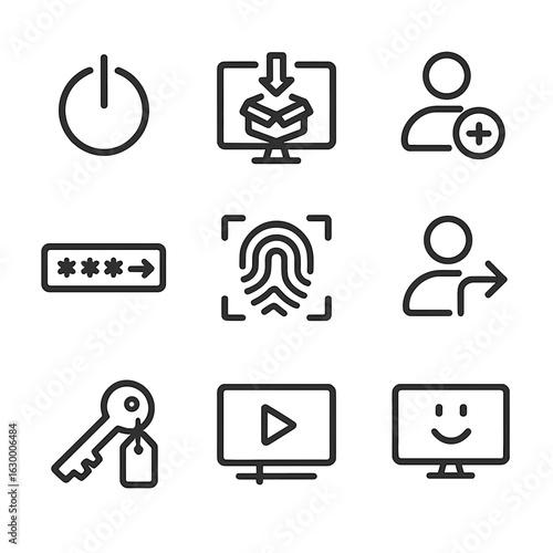Tech Onboarding Icons. Outline icon set of initiation in technology and systems: power on, software install, user registration,
