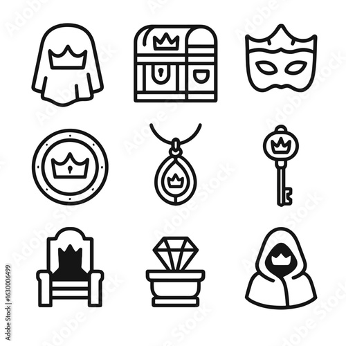 Hidden Crown Icons. Outline icon set of hidden crown themes: concealed crown, treasure chest, royal mask, secret vault, ornate