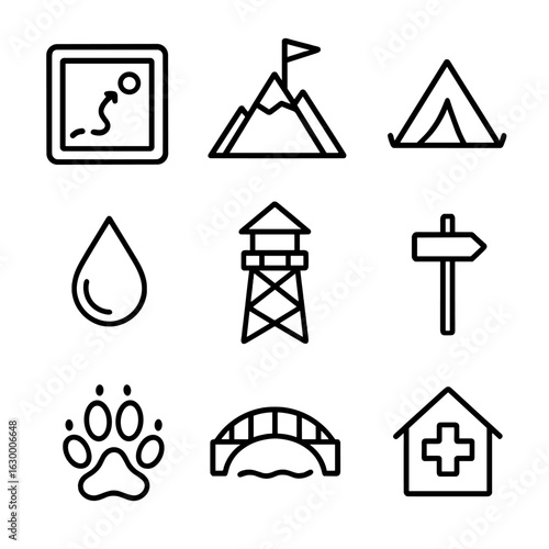 Hiking Map Icons. Outline icon set of hiking map icons: trailhead, mountain peak, campsite, water source, lookout tower, trail