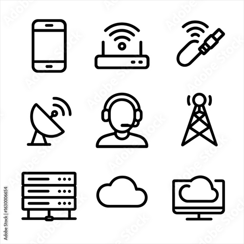 Telecom Icon Set. Outline icon set of telecom industries: mobile operator, internet provider, cable company, satellite company,
