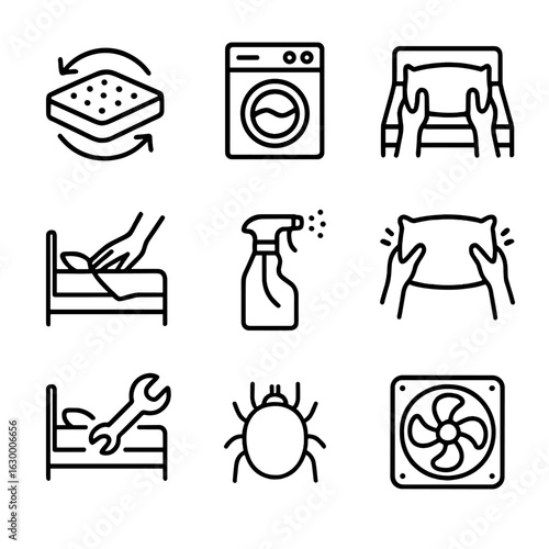 Bed Maintenance Icons. Outline icon set of bed maintenance: mattress rotation, linen washing machine, bed making hands, mattress