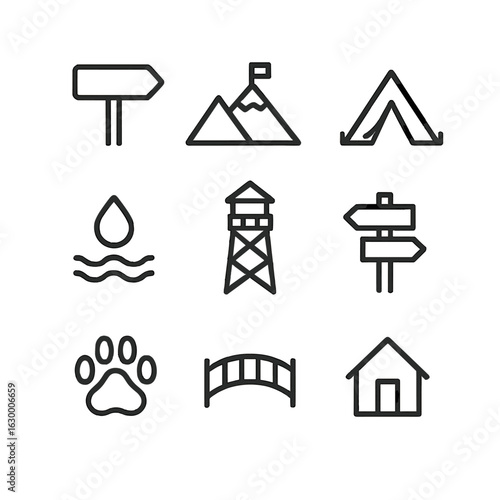 Hiking Map Icons. Outline icon set of hiking map icons: trailhead, mountain peak, campsite, water source, lookout tower, trail