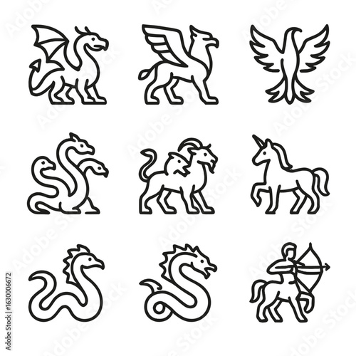Epic Creature Icons. Outline icon set of epic creatures: dragon, griffin, phoenix, hydra, chimera, unicorn, basilisk, leviathan,