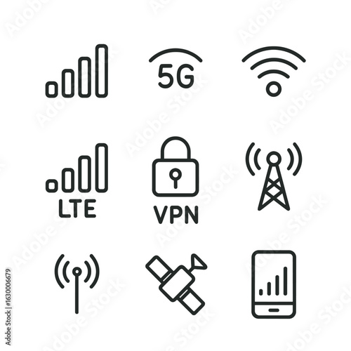 Telecom Network Icons. Outline icon set of telecom networks: 4G, 5G, Wi-Fi, LTE, VPN, signal tower, hotspot, satellite, mobile