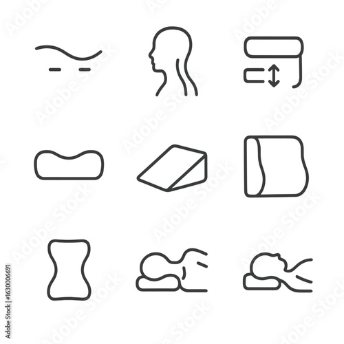 Ergonomic Icons Set. Outline icon set of ergonomic support: neck support curve, spine alignment silhouette, adjustable loft icon,
