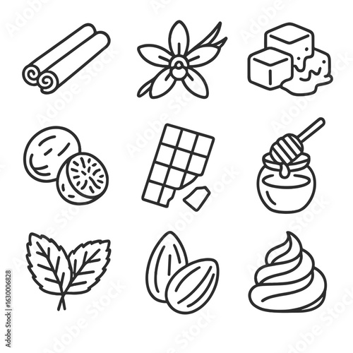 Coffee Flavor Icons. Outline icon set of coffee flavorings: cinnamon, vanilla, caramel, nutmeg, chocolate,