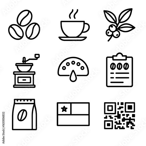 Coffee Icon Grid. Outline icon set of coffee label details: coffee beans cluster, steaming cup, coffee plant