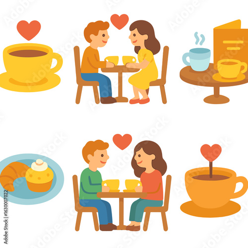 Romantic Café Icons. Flat vector mini-illustrations romantic couples on a first date in a café in colors children's illustrations:
