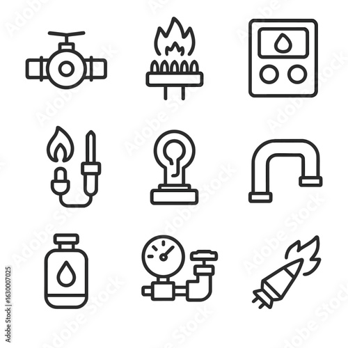 Eternal Flame Tools Icons. Outline icon set of eternal flame maintenance tools: gas valve, burner, control panel, flame sensor,
