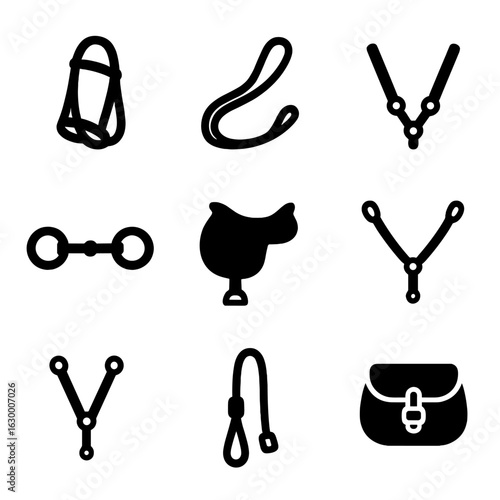 Horse Tack Icons. Solid, filled icon set of horse tack items: bridle, reins, halter, bit, saddle, breastplate, martingale, crupper